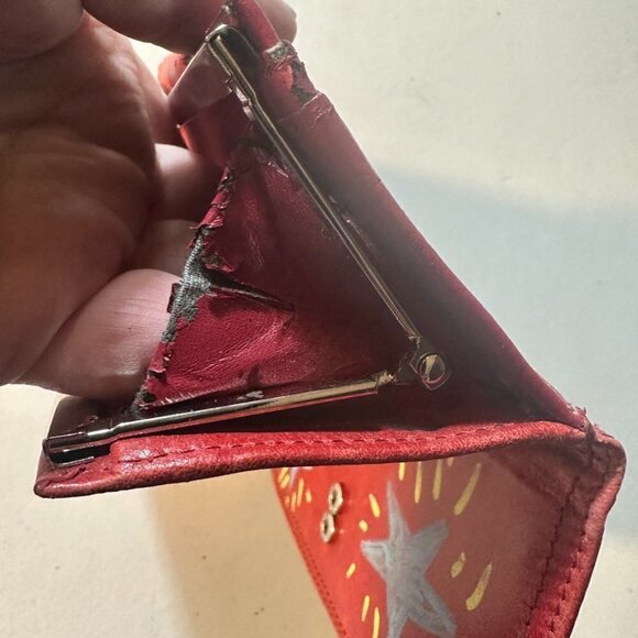 Fossil Genuine Leather Red Wallet Stars Graffiti Handmade Upcycle Vintage Purse - Picture 6 of 10